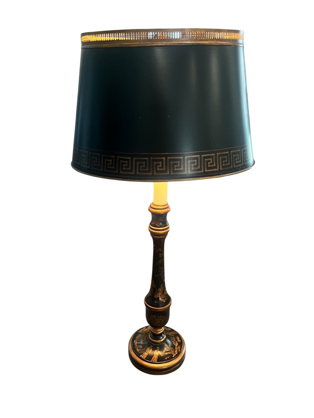 Chinoiserie Black Gold Tole Candlestick Lamp Vintage Hand Painted - Picture 11 of 16